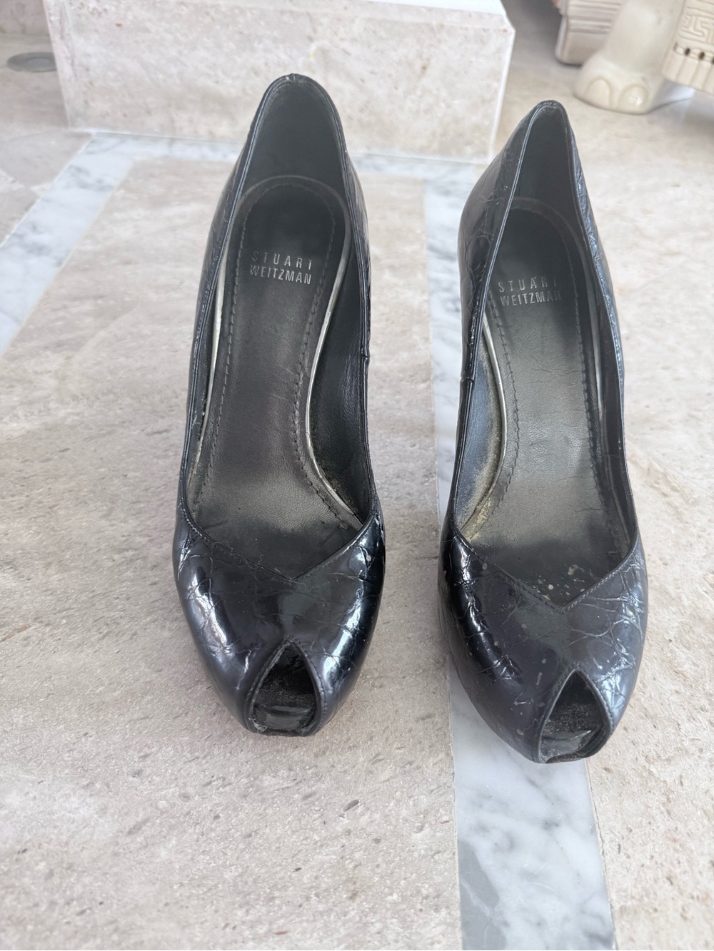 Stuart Weitzman Black Patent Peep-Toe Pumps with Croc Texture